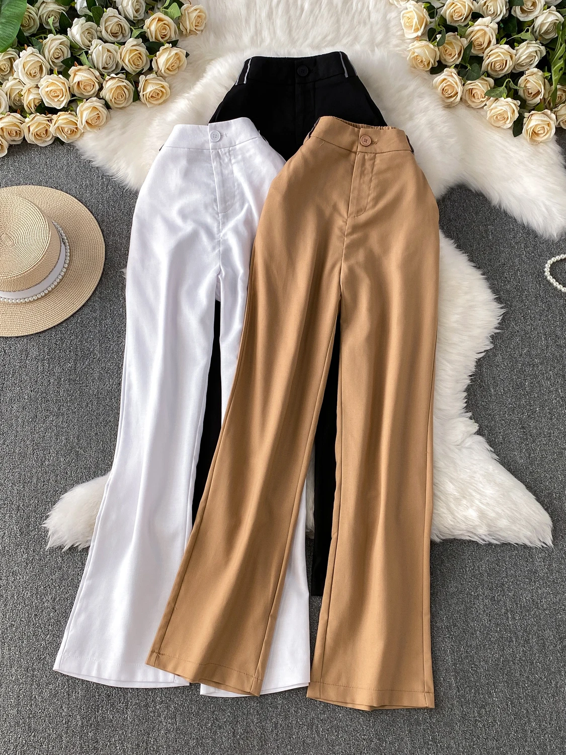 بدلة دينم بيضاء سراويل واسعة الساق للسيدات موضة عالية الخصر للتخسيس سراويل طويلة مايكرو حارة نمط التنقل النسخة الكورية