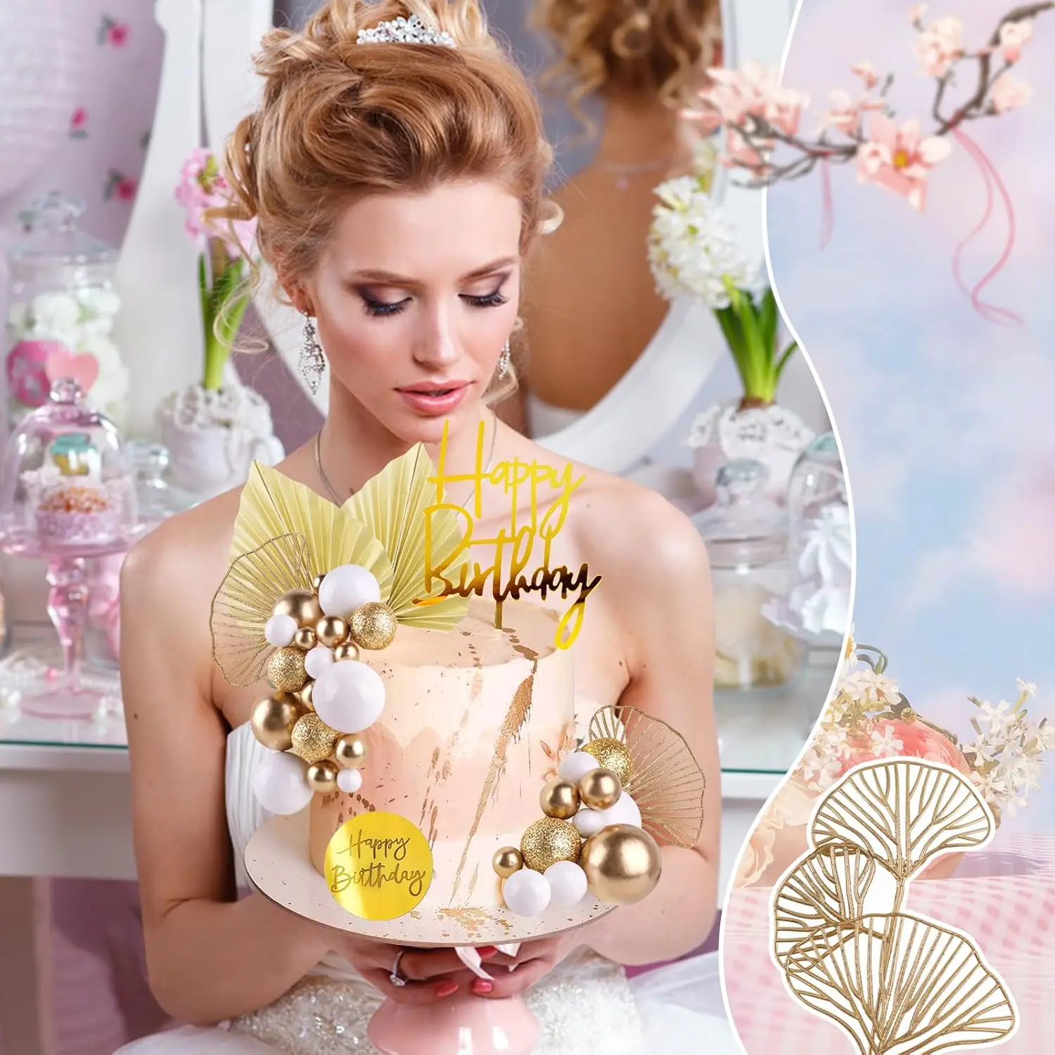 كرات الذهب الأبيض كعكة القبعات العالية مع أوراق النخيل الذهبية بوهو عيد ميلاد كعكة الديكور بالون كعكة إدراج لحفل زفاف عيد ميلاد #3