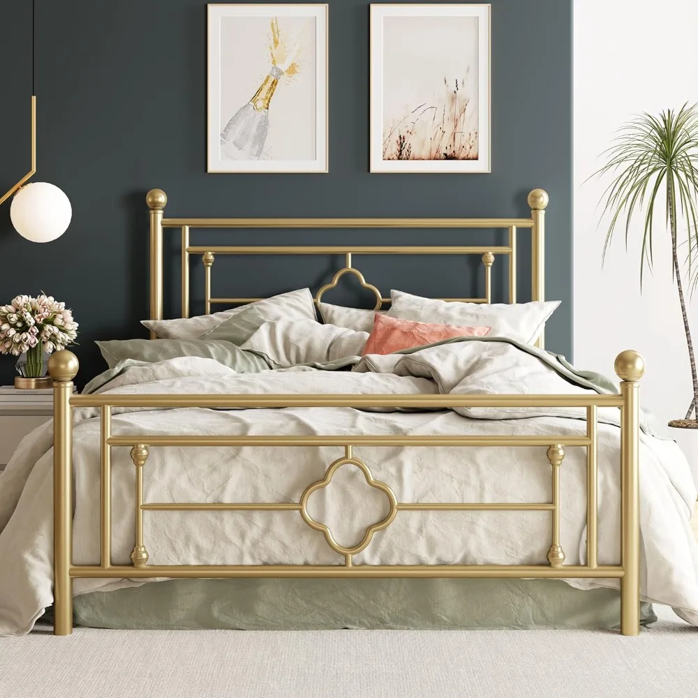 14 Inch Queen Size Metal Platform Bed Frame with Vintage Victorian Style, Wrought Iron Headboard and Footboard/Mattress