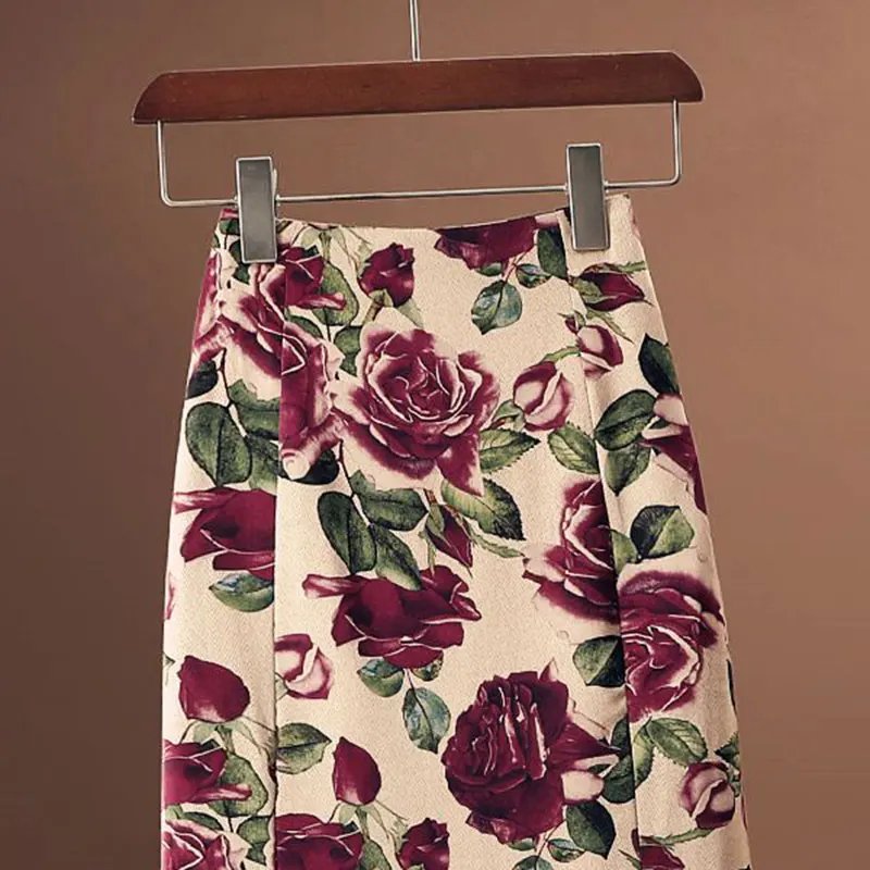 Saia longa de meia-panturrilha com estampa floral feminina, saia A chique, cintura alta, trompete, roxo, rosa, roupas da moda