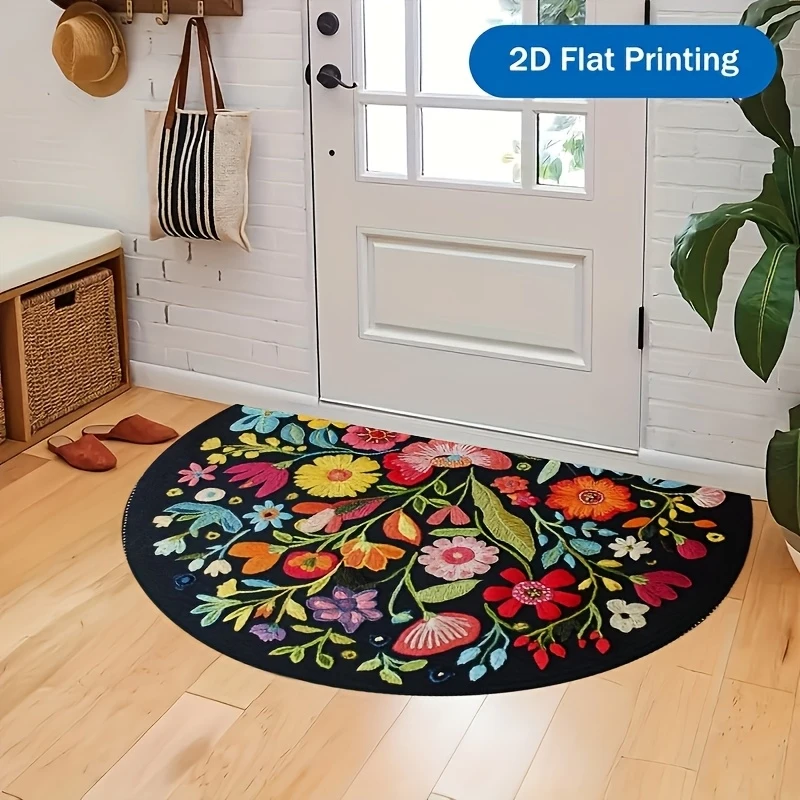 VIKAMA Mexican Floral Semi-Circular Welcome Door Mat Washable Non-Slip Indoor and Outdoor Entrance Rug Kitchen Mat Home Decor