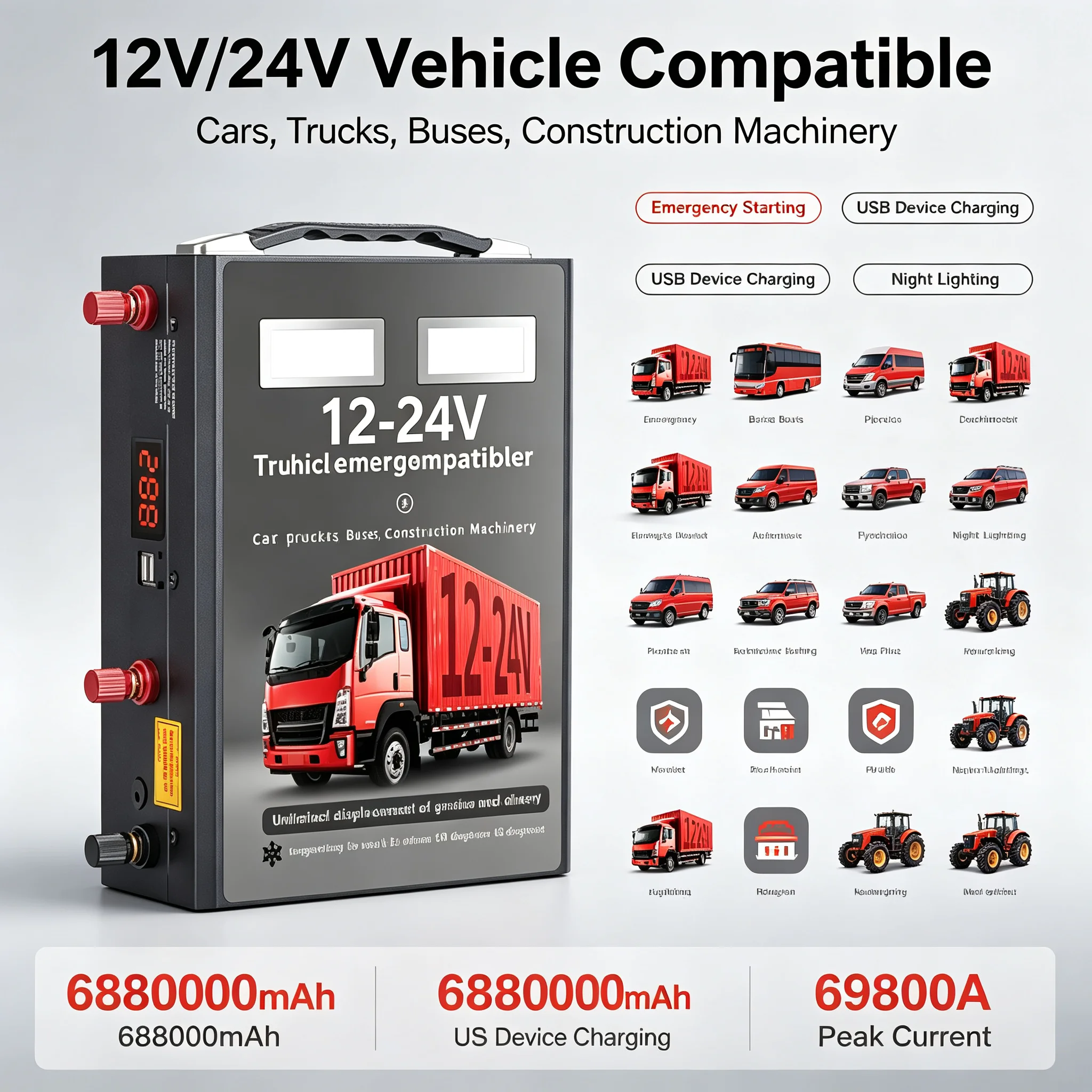 12 24 Volt Car Truck Jump Starter 6880000mAh Portable Power Bank Emergency Tool Battery Auto Booster Truck Jump Starter Device