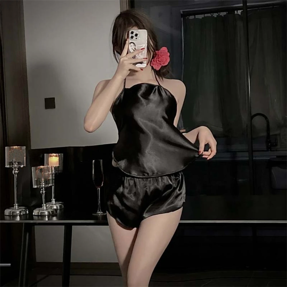 

Sweet Lace-up Ice Silk Pajamas Set Homewear Thin Sleeveless Pajamas Womens Summer Sleepwear Camisole Shorts Nightwear Summer