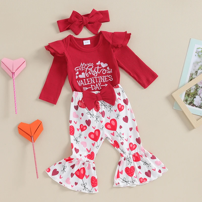 3pcs Baby Girls Valentine’s Day Outfits Long Sleeve Embroidery Knited Romper Flare Pants Headband Set Infant Baby Lovely Clothes