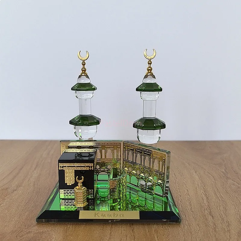 Saudi Arabia Mecca Madinah Souvenir Kaaba Minaret Crystal Gift Table Clock Two Piece Set
