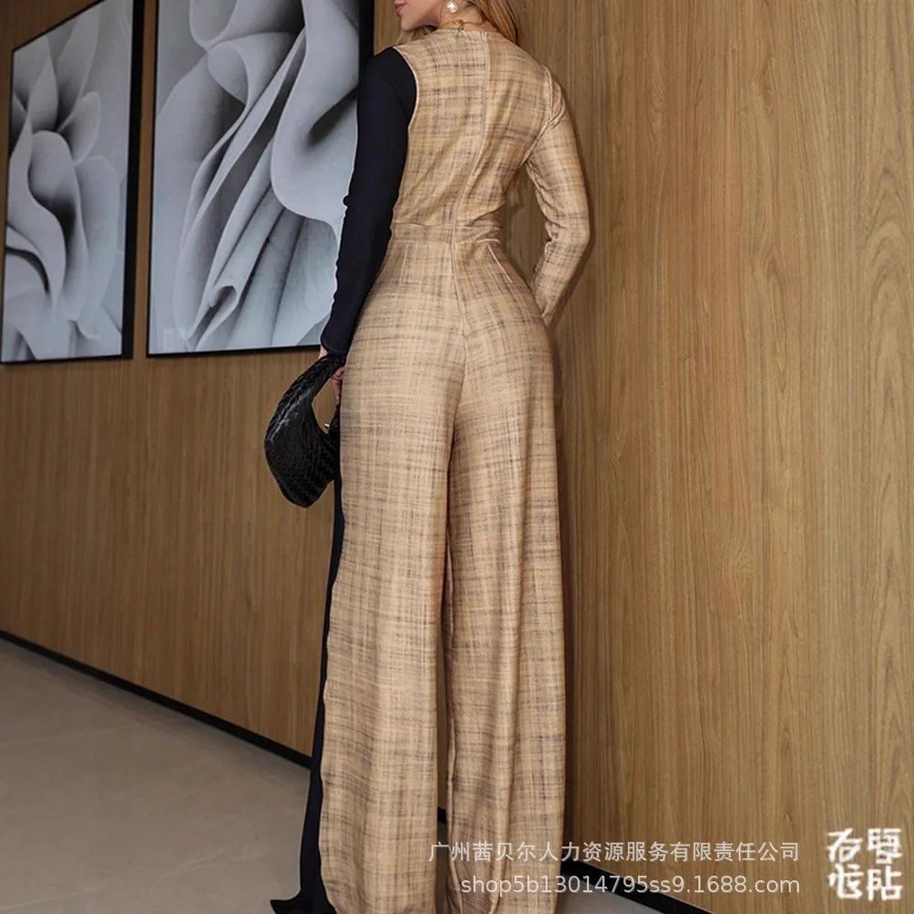 จั๊มพ์สูทขายาวทรงหลวมคอวีแขนยาวสีตัดต่อแบบสองชิ้นหลอกๆ สไตล์ลำลองสำหรับผู้หญิง