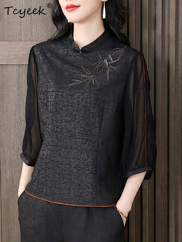 

Tcyeek, Watered Gauze Silk Elegant T-Shirt, Women Half Sleeve Embroidery, Loose Vintage Blouses, 2024 Summer Autumn T46059QM