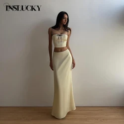 InsLucky Summer Elegant Apricot Suit Women Strapless Sling Crop Top Camis And High Waist Floor-Length Skirt Two Piece Set Female