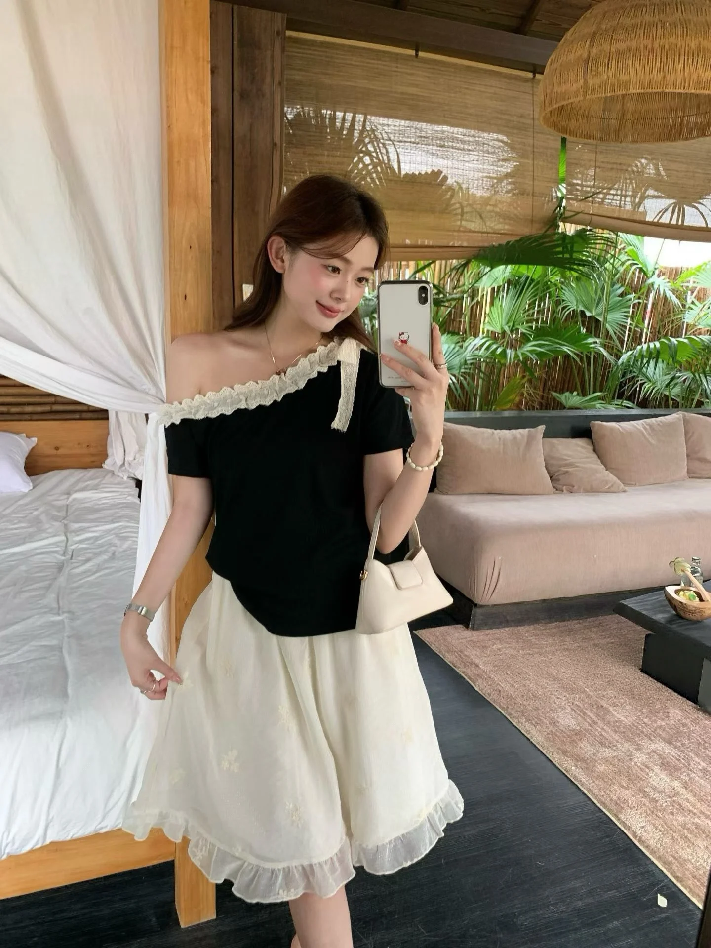 

plus Size Women's Lace Embroidered Elastic Waist Asymmetrical Shoulder T-Shirt Skirt Set Summer Slimming Meat Covering Two-Pi...