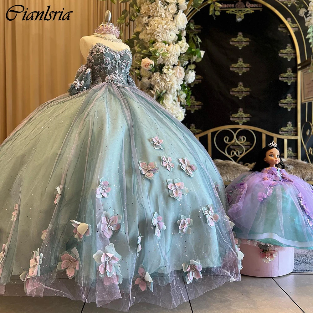 

Hunter Green Beading Appliques Lace Ball Gown Quinceanera Dresses Detachable Sleeve 3D Flowers Corset Vestidos De 15 Años