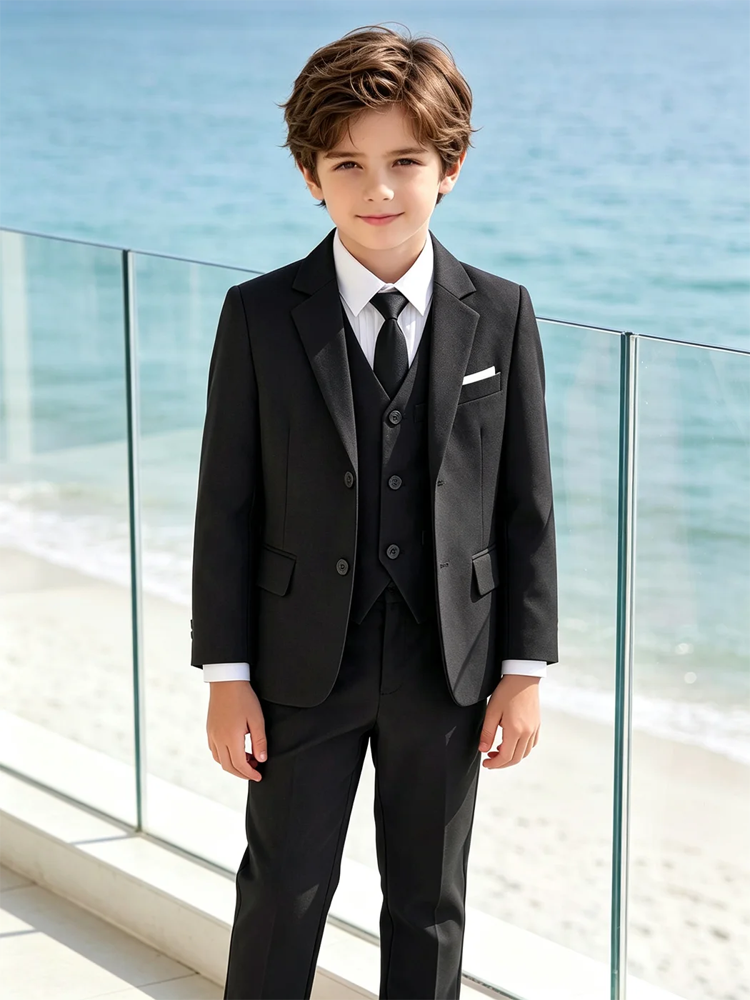 Boy's 5Pcs Formal Suit Set Blazer Vest Pants Shirt Pre-tied Tie Slim Fit Formal Wedding Kids Teens Size 3-16