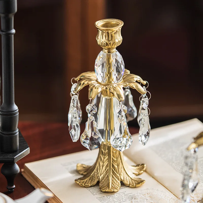 Nordic retro candle holder dining table ornament brass glass crystal pendant decorative atmosphere