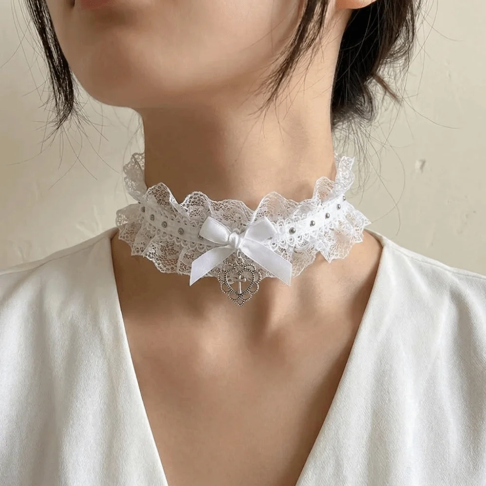 Black Ruffle Lace Choker with Bow & Heart Cross Pendant Gothic Y2K Lolita Collar Necklaces for Women Party Cosplay Jewelry Gifts