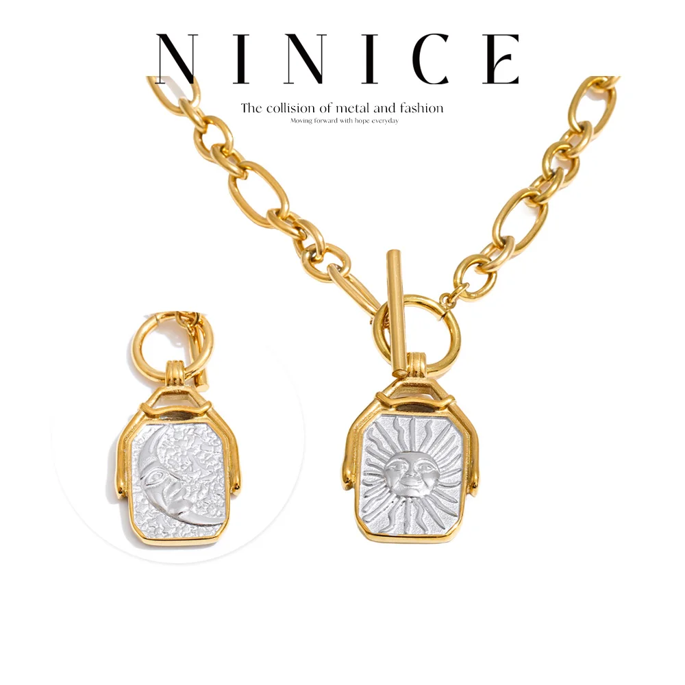NiNice Stainless Steel Double-Sided Sun Moon Pendant Necklace 18K Golden PVD Plated Chain Statement Fashion Jewelry