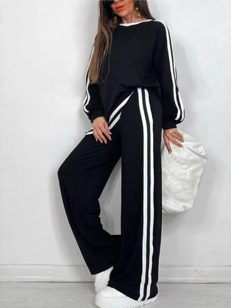 

Women's Fashion Striped Pocket Loose Two Piece Sets 2025 Autumn Winter Casual O Neck Long Sleeve Sweatshirt 2 Piece Set Outfit