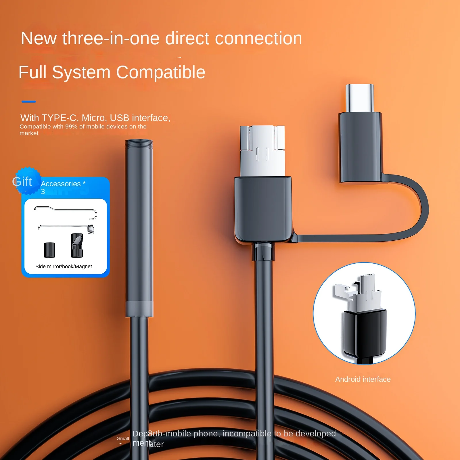 3 in 1 flexible endoscope high definition camera mobile Borescope soft endoscope Undercarriage Safety Inspection tools 7.0mm
