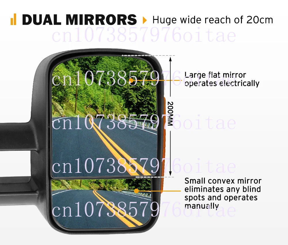 Black Pair Extendable Towing Mirrors for Hilux 2015-on Specially Designed for Large Field Mirror Electric Trailers