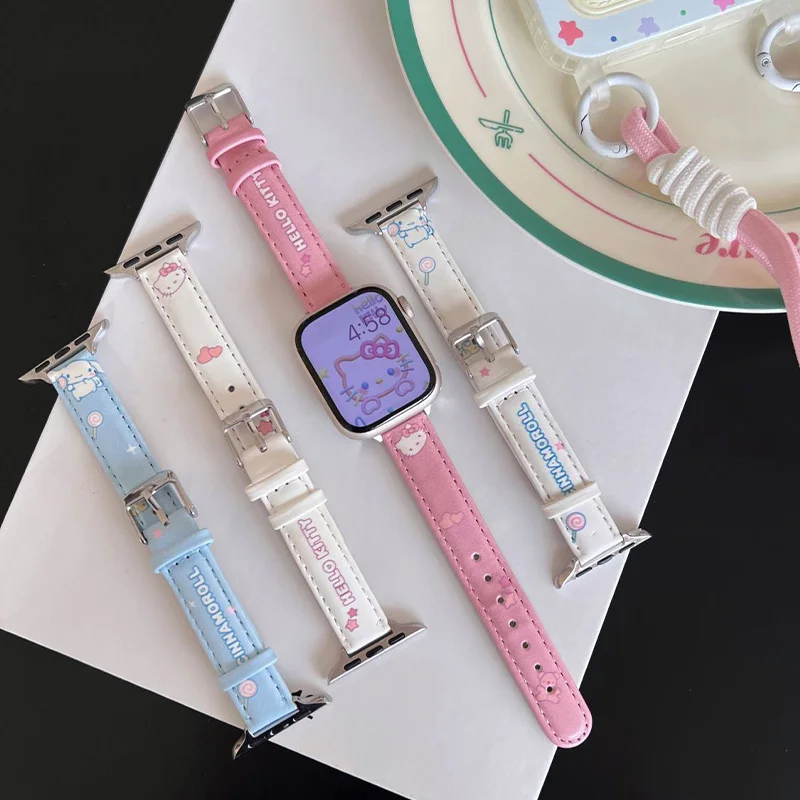 Cartoon Hello Kitty Thin Leather Strap 38/40/41mm 42/44/45/49mm Suitable For Apple Watch Replacement Strap Hand Decoration Gifts