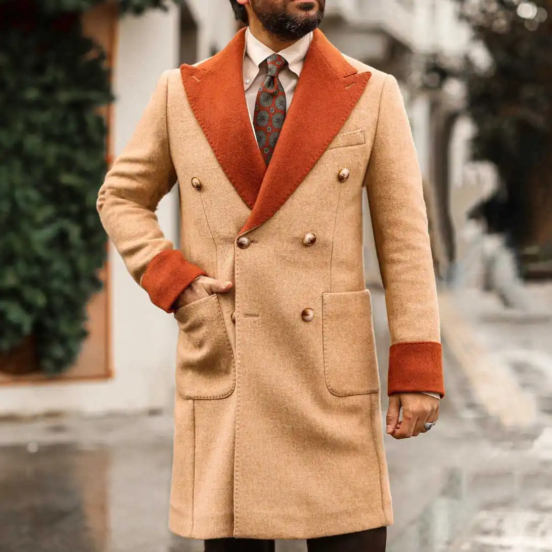 Modern Men Long Overcot Double Breasted Peaked Lapel Jacket Blazers Wool Blends Winter Customized One Piece