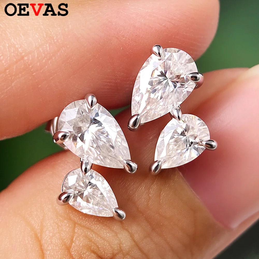 OEVAS 3cttw Pear Cut Real Moissanite Diamond Earrings 925 Sterling Silver Ear Studs For Women 2 Stone Wedding Fine Jewelry Gift