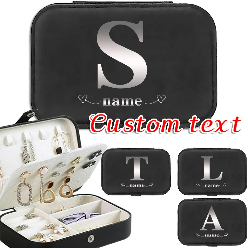 

Customized Name Leather Portable Black Jewelry Box Large Capacity Travel Necklace Earrings Double Layer Storage Jewelry Box