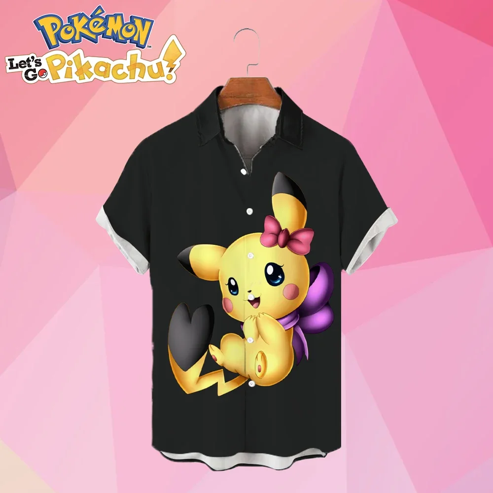 Men\'s Shirts Pokémon Pikachu HD Print Summer Cartoon Streetwear Hawaiian Shirt Cute 2023 Anime Harajuku Y2k Oversized S-5XL New