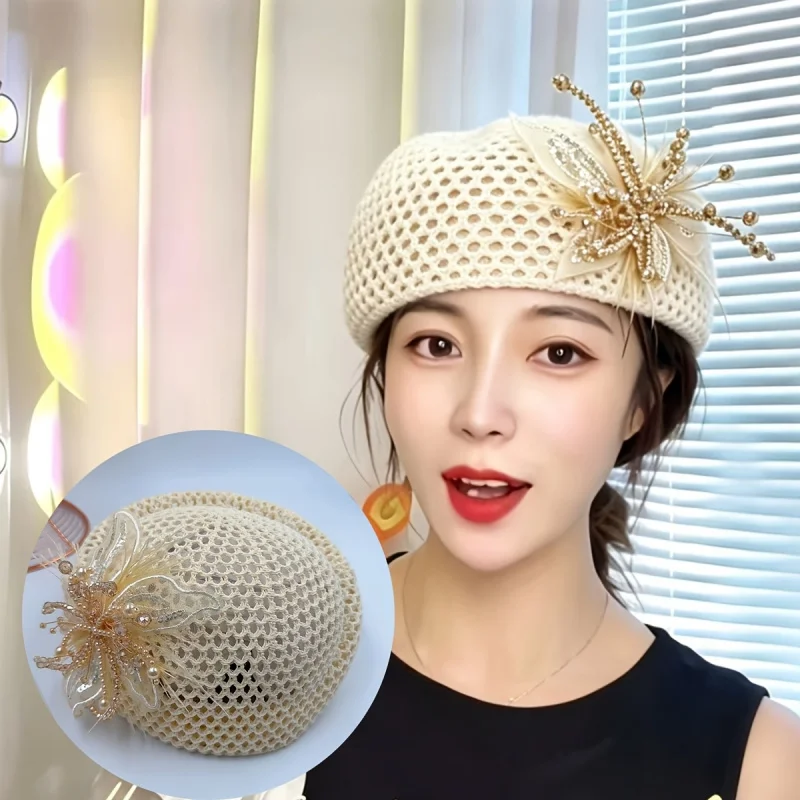 Women Vintage Black Beret Hat with Beaded Butterfly Feather Lace Fascinator Breathable Mesh Weddings Party Horse Racing Events