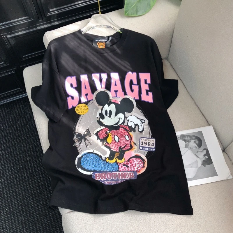 2025 الصيف الأمريكية العصرية العلامة التجارية تيز فضفاضة عادية الكرتون الجبهة الخلفية الطباعة الرجال والنساء البلوز قصيرة الأكمام تي شيرت