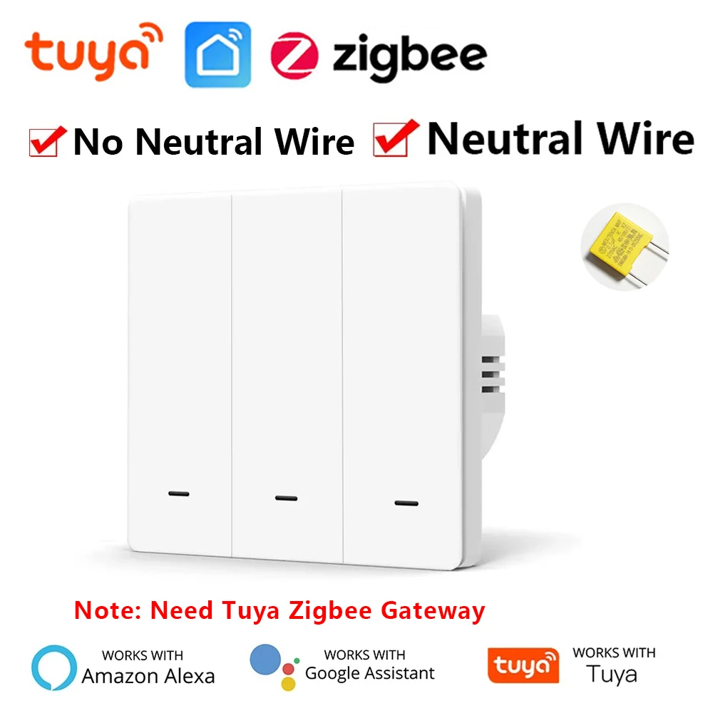 

Tuya Smart ZigBee Light Switch Push Button Wall Switch With/No Neutral Wire have Capacitor 1/2/3 Way Work With Alexa Google Home