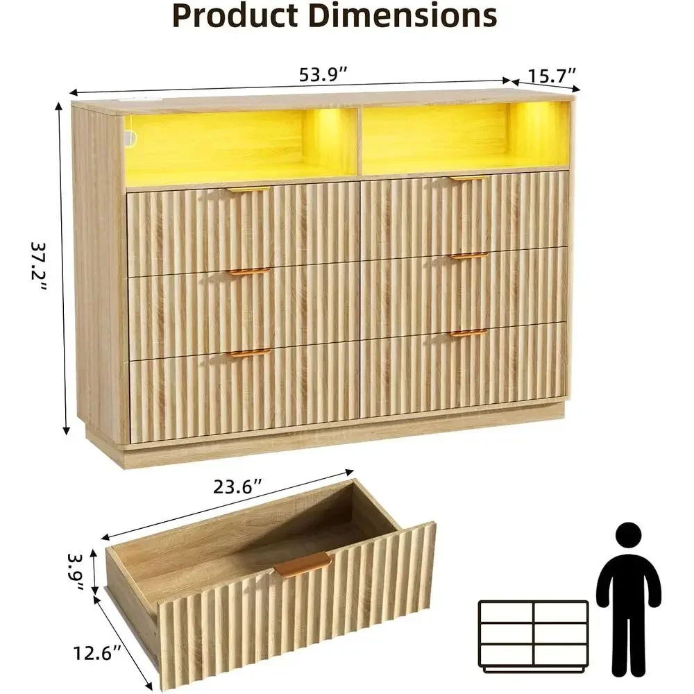 6 Drawer Dresser or Bedroom, 54 Wide RGB Multicolor Chest of Drawers with Charging Station, TV Stand with 2 Shelves Storage, Liv