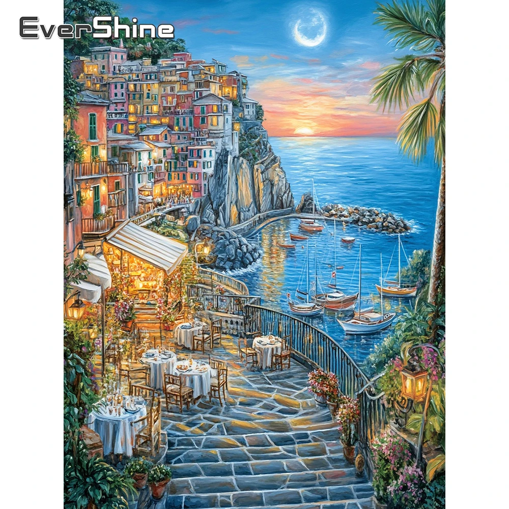 EverShine Diamant-Mosaik Landschaft DIY Malerei Haus Vollquadrat-Stickerei Küste Strass Boot Bild Mond Wanddekoration