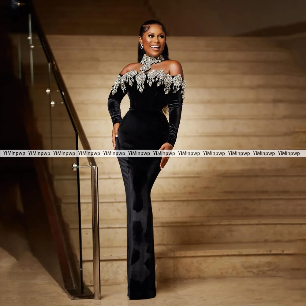 Black African Prom Dresses 2026 Crystal Strapless Full Sleeve Mermaid Velvet Party Dress Floor Length Evening Gowns Customized