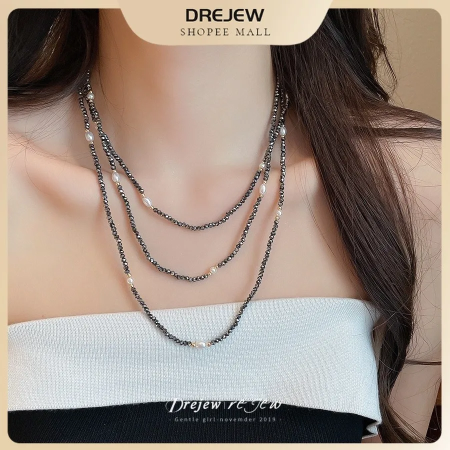 DREJEW Necklace Multi‑Layer Chain Mixed Small Bead Imitation Pearl Inlay Dainty Stackable Necklace for Women Daily Casual Date