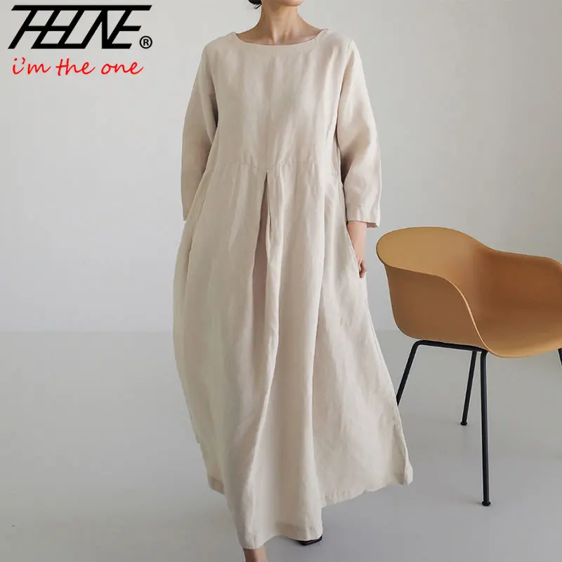 

THHONE Loose Cotton Linen Dress Women's Large Size Round Neck Pullover Long Dresses Temperament College Student Robe Vestidos