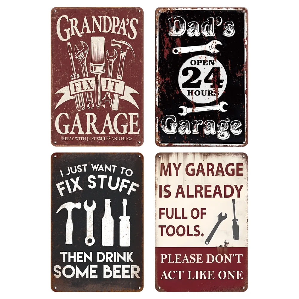 2D Flat 4pcs Vintage Sign Poster Vintage Metal Signs Plaque Home Wall Decor 20.32*30.48 Cm, Only For Decoration