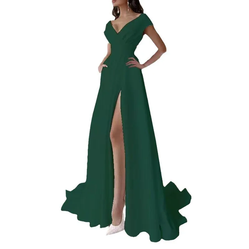 Women's Spring Elegant Wrap V Neck Sleeveless Bodycon Long Asymmetrical Dress for Wedding Guest Party Prom Summer Wedding Party