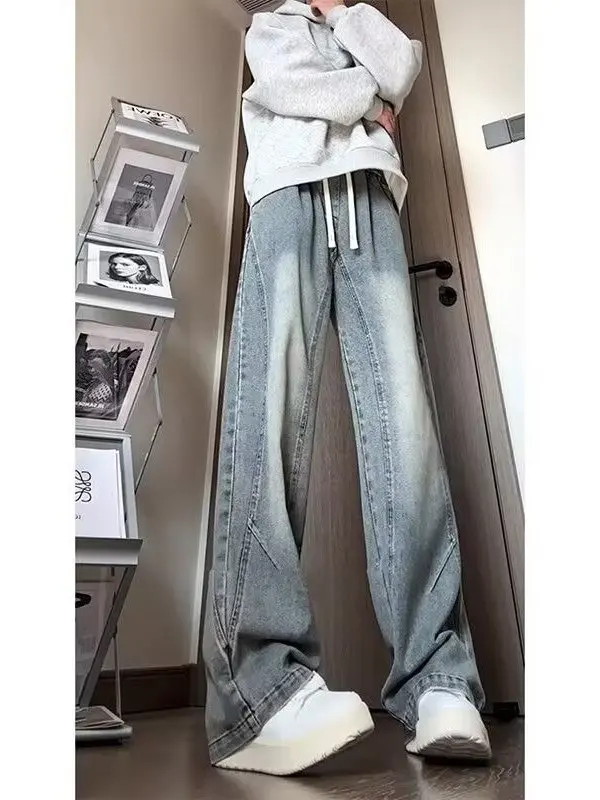 

Loose Fit Wide Leg Men's Jeans Elastic Waist Dstring American Vintage Waed Autumn Winter Casual Long Pants
