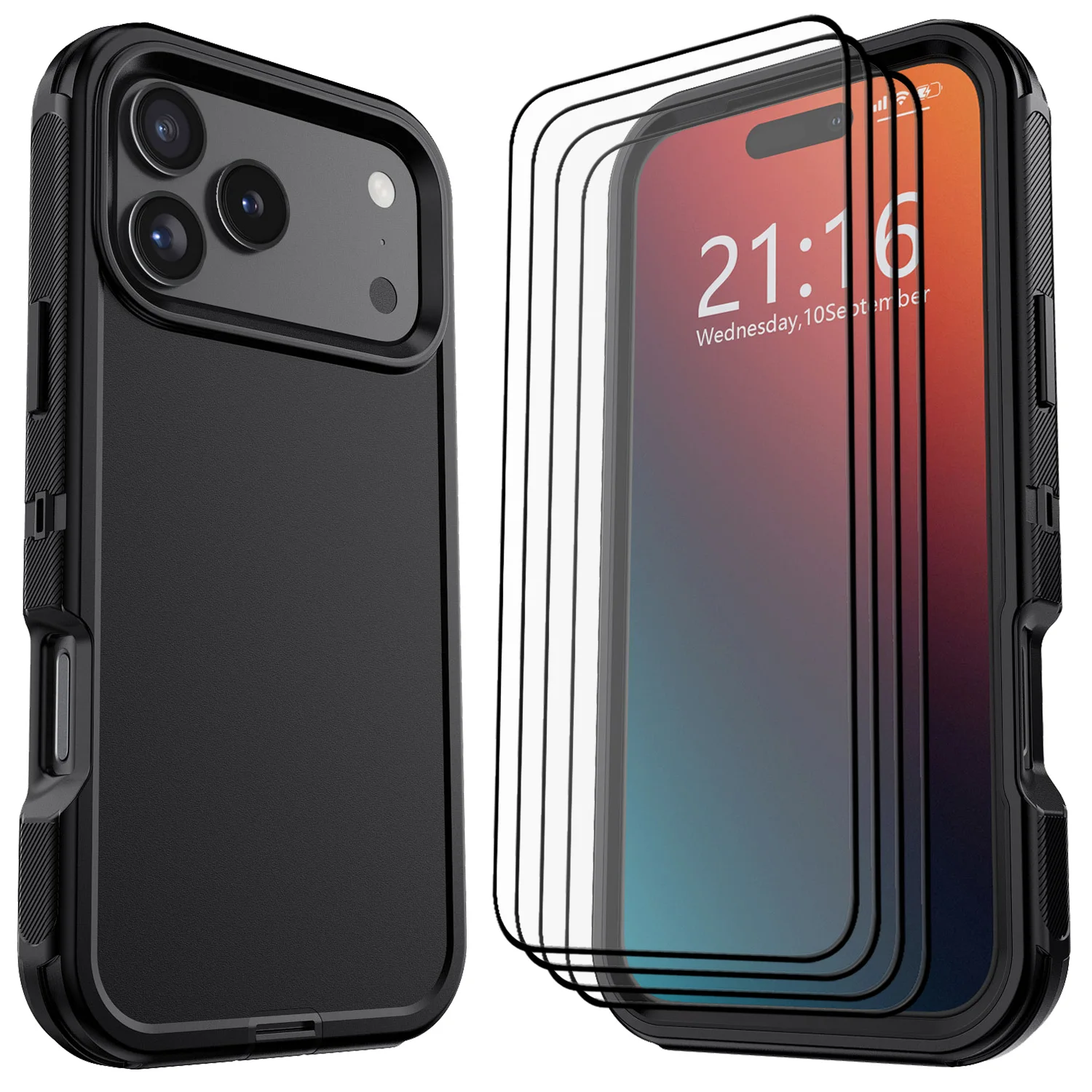 

Black For iPhone 17/17 Air/17 Pro/17 Pro Max Case Heavy Duty Shockproof Cover And 4pcs Clear Tempered Glass Screen Protector