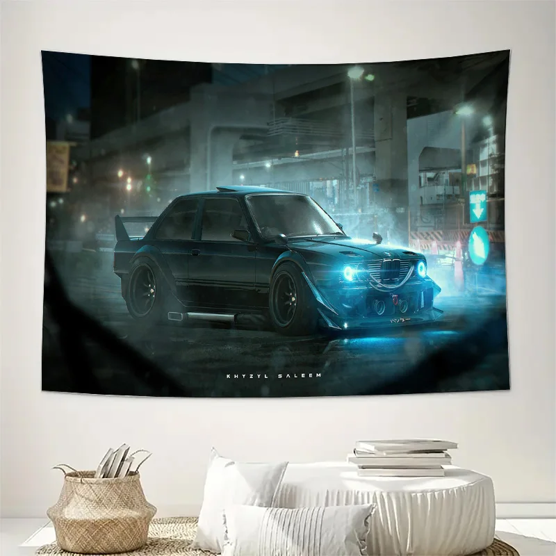 Custom Tuned BMW E30 Street Racing Car Night City Rainy Scene Art Wall Tapestry Machine Washable All Season Decor Print Home