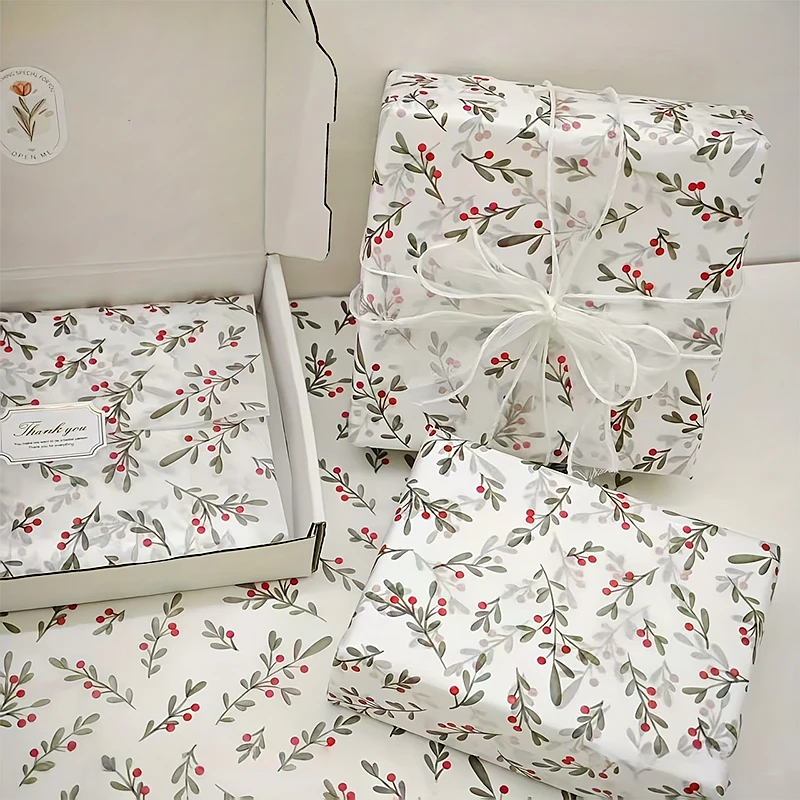 Leaf Print Tissue Paper 50x35cm Holly Seed Design Semi-Transparent For Christmas Birthday Wedding Valentine's Day Decorations