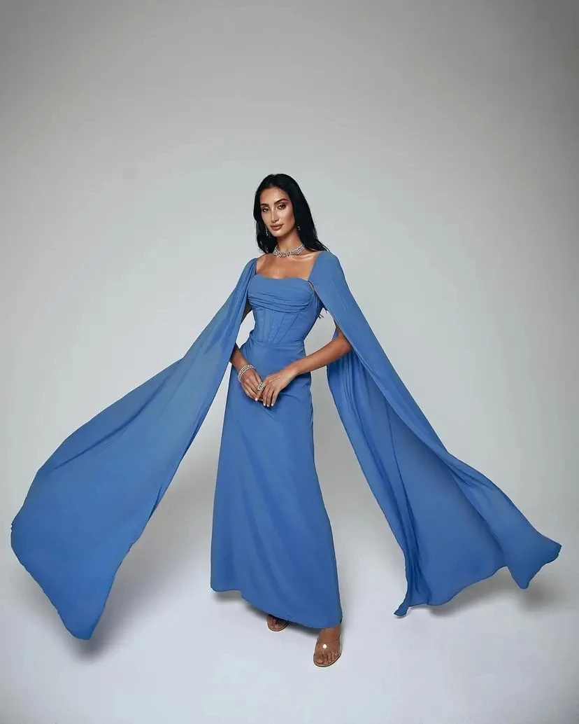 Vestidos de Noche de línea a simples de gasa, exquisitos vestidos de graduación personalizados con hombros descubiertos azules, ocasiones formales, vestidos de fiesta de boda