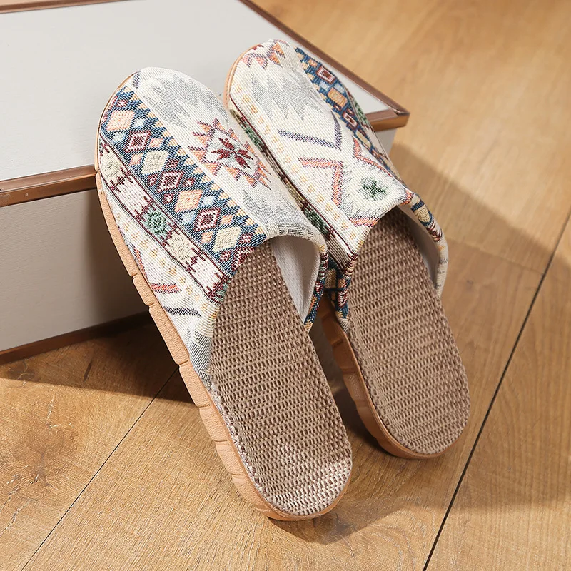 Summer Linen Fabric Slip-On Slippers Women Men Lightweight Indoor Anti-Slip Shoes Couples Comfortable Home Slippers Flat Sandals