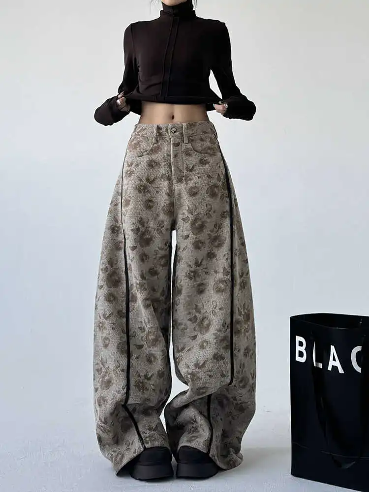 المرأة الكاكي Y2k فضفاض الجينز خمر Harajuku الدافئة سميكة كبيرة الحجم جان السراويل اليابانية 2000s نمط صديقها الدنيم بنطلون الخريف