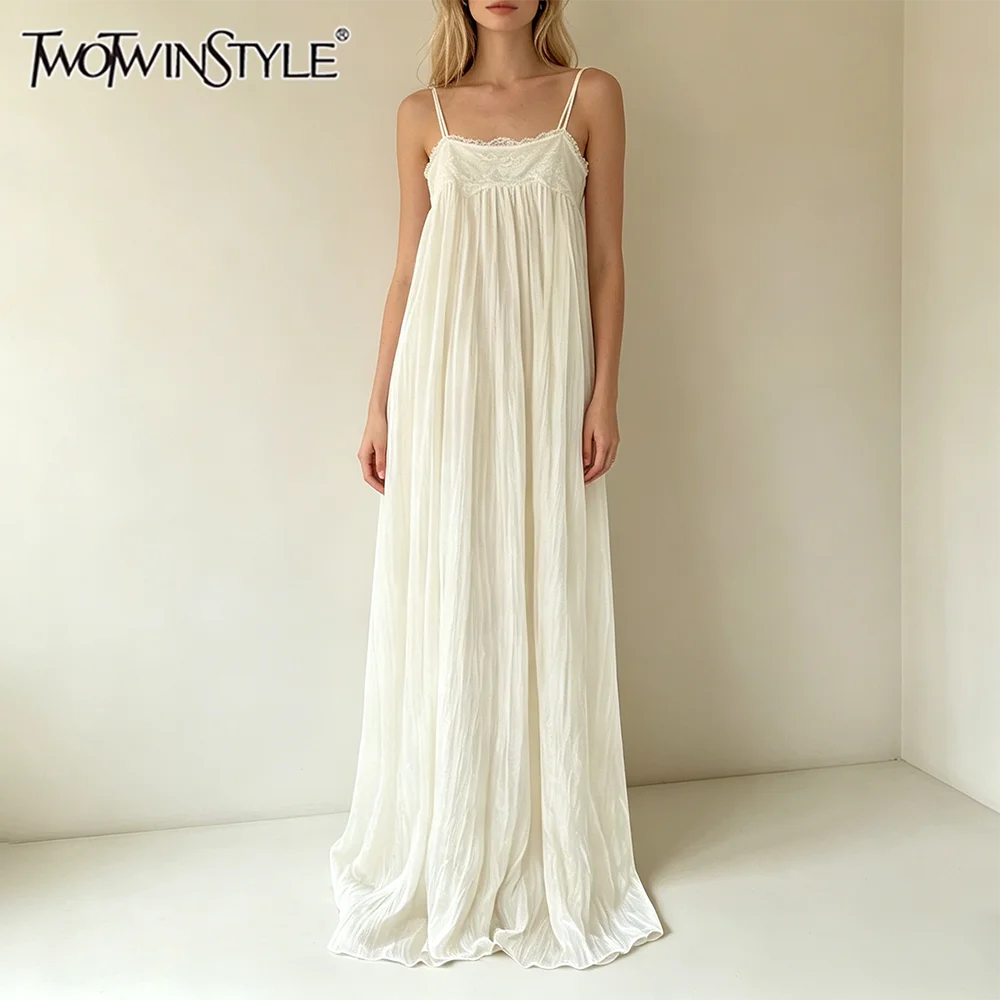 

TWOTWINSTYLE Solid Loose Spliced Lace Dress for Women Square Neck Sleeveless Patchwork Folds Elegant Dresses Female Fashion New