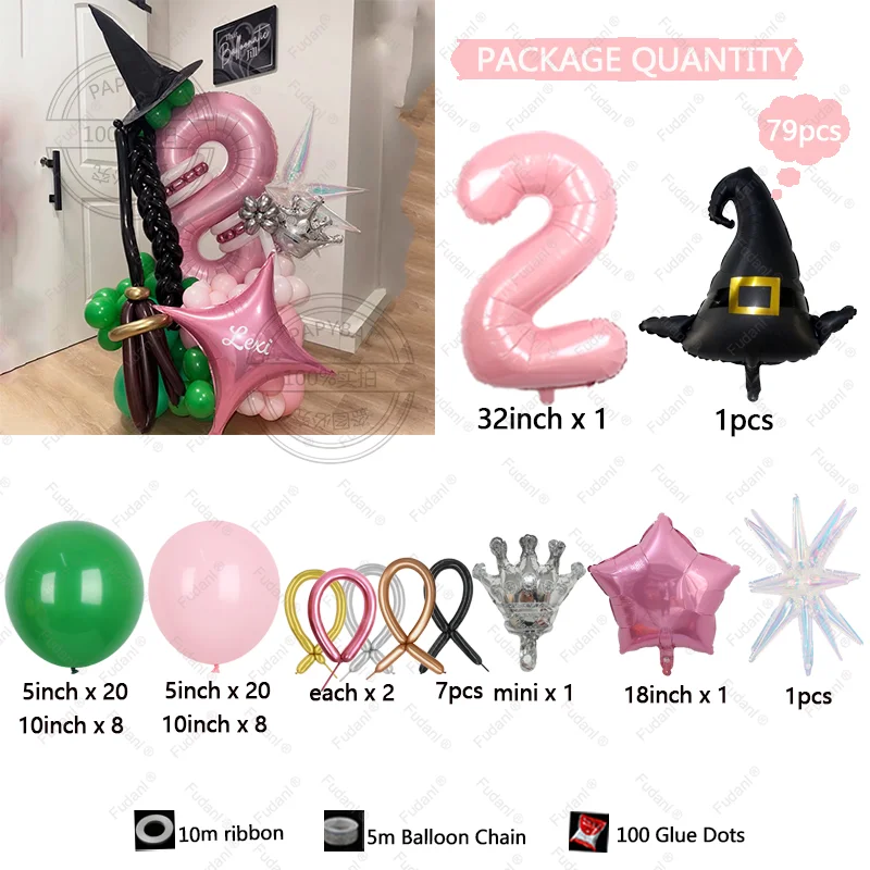 79 قطعة بالون ساحرة سحرية لتزيين حفلات أعياد الميلاد الشريرة مقاس 32 بوصة بالون أرقام وردي للأولاد والبنات وحفلات أعياد الميلاد وحفلات استقبال المولود الجديد #3
