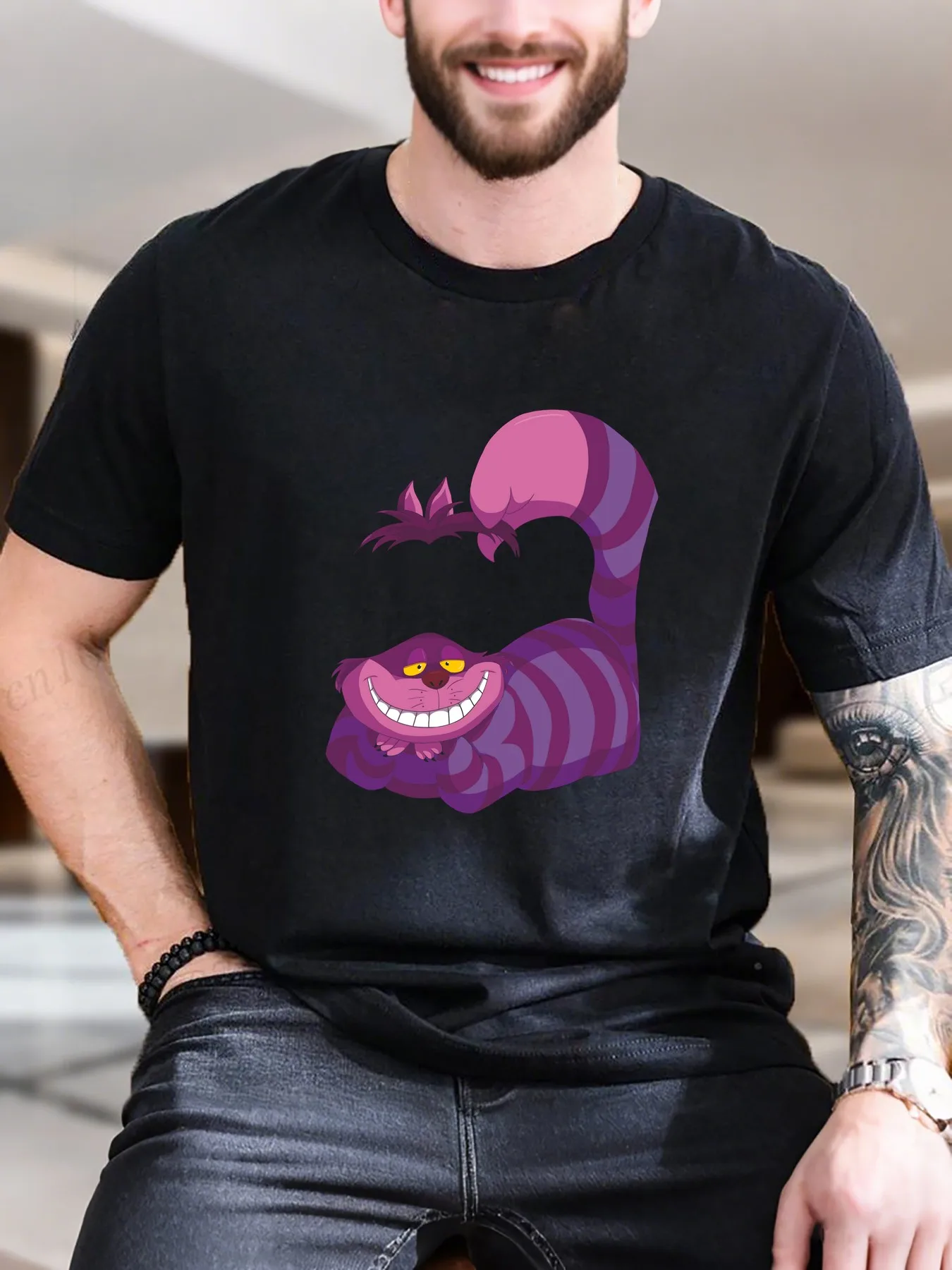 

New Arrival Fashion Men's Cartoon Cat Print T-Shirt 100% Cotton Soft Breathable Tee Funny Purple Striped Tail Smiley Face Design