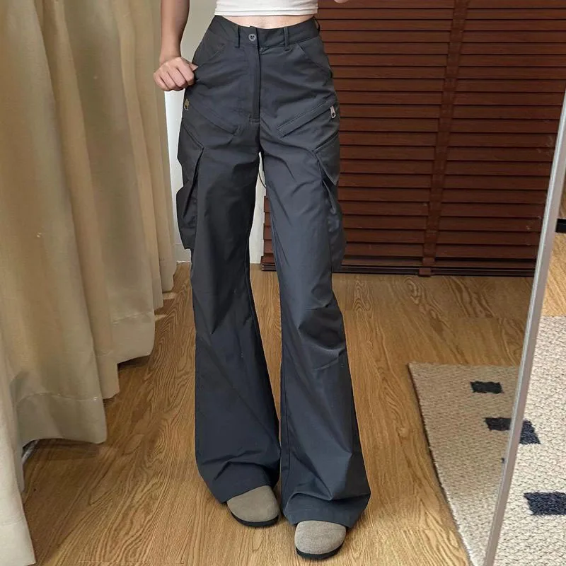 Summer Vintage Big Pocket Cargo Pants Women American Streetwear High Waist Wide Leg Trousers Harajuku Fashion Loose Flare Pants