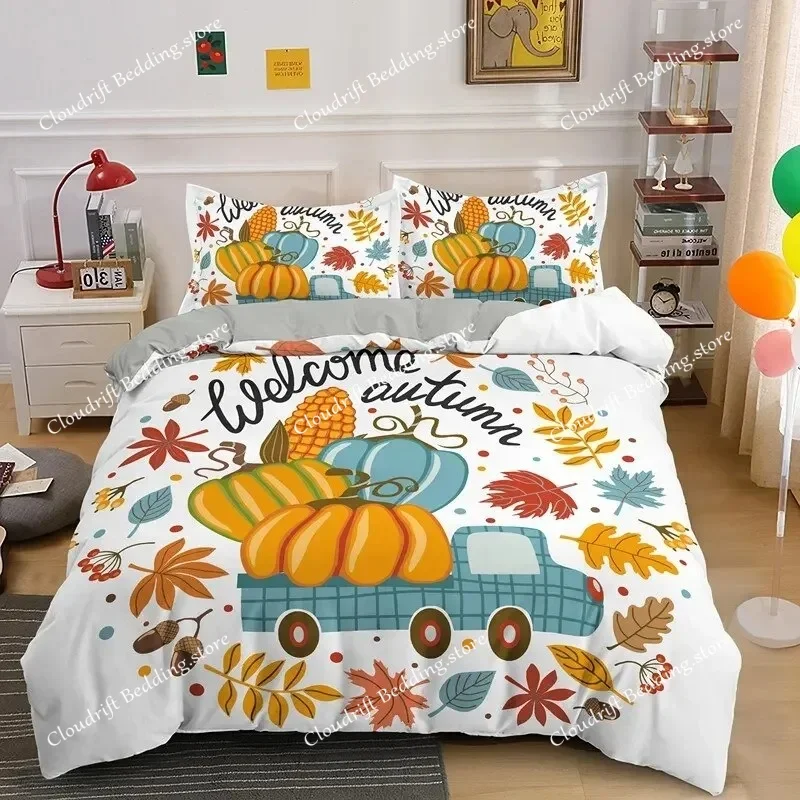 Autumn Thanksgiving Day Pumpkin Turkey Bedding Set Boys Girls Twin Queen Size Duvet Cover Pillowcase Bed Kids Adult