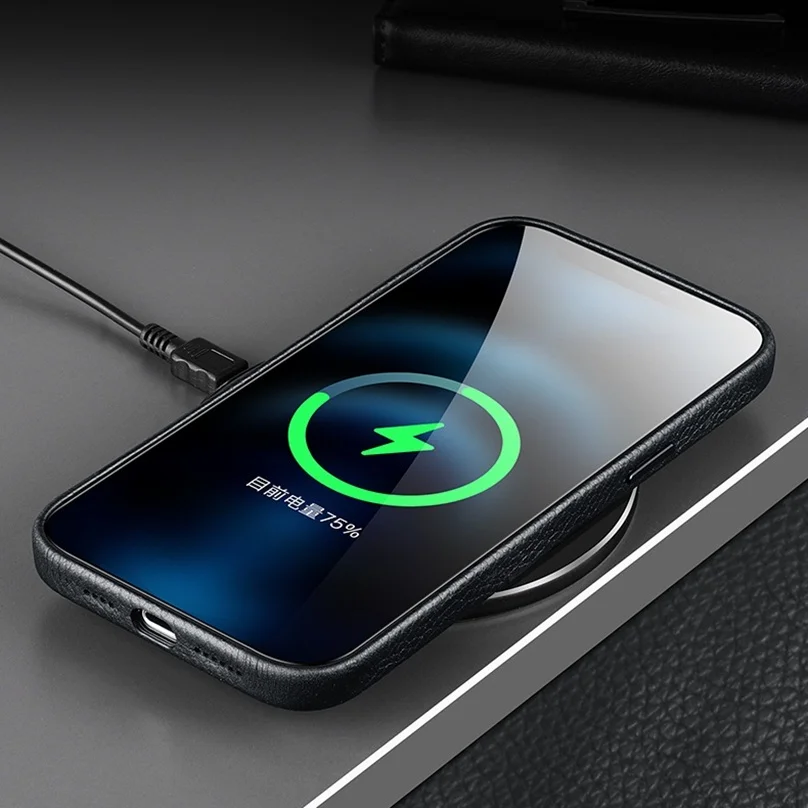 Magnetic Genuine Leather Case for iPhone 15 Pro Max 14 Plus 13 12 Wireless Charging Luxury First-Layer Cowhide Back Cover
