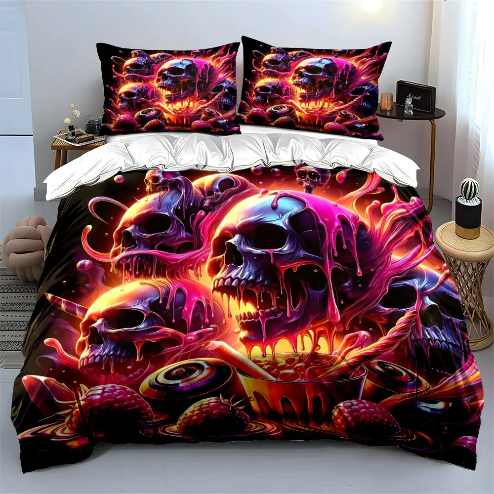 Vibrant Skulls with Melting Slime and Berries Print Bedding Set 1 Duvet Cover 2 Pillowcases for Adult and Children Luxury Gift